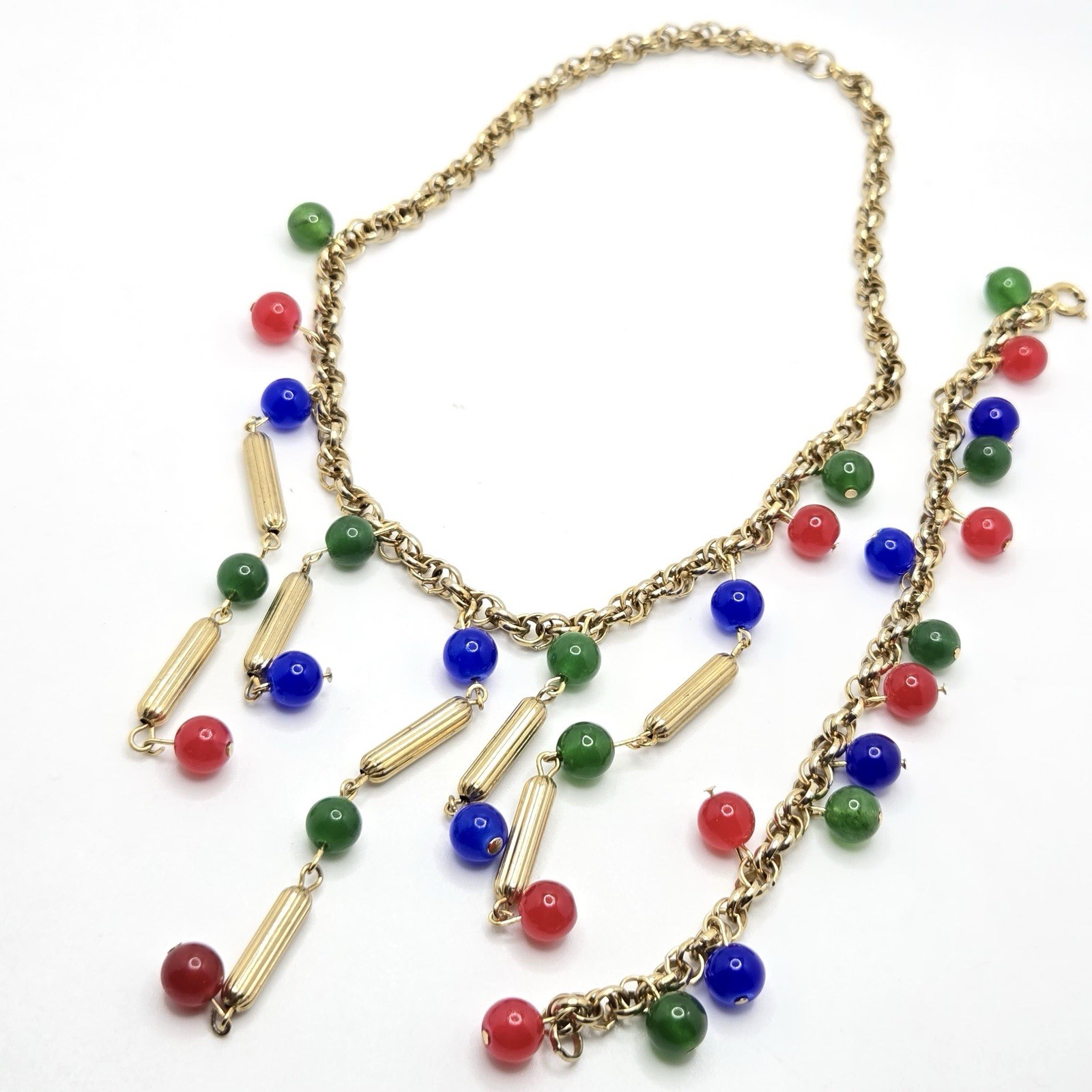 VTG Necklace & Bracelet Set, Gold Tone Chain with Red, Blue, Green Glass Beads