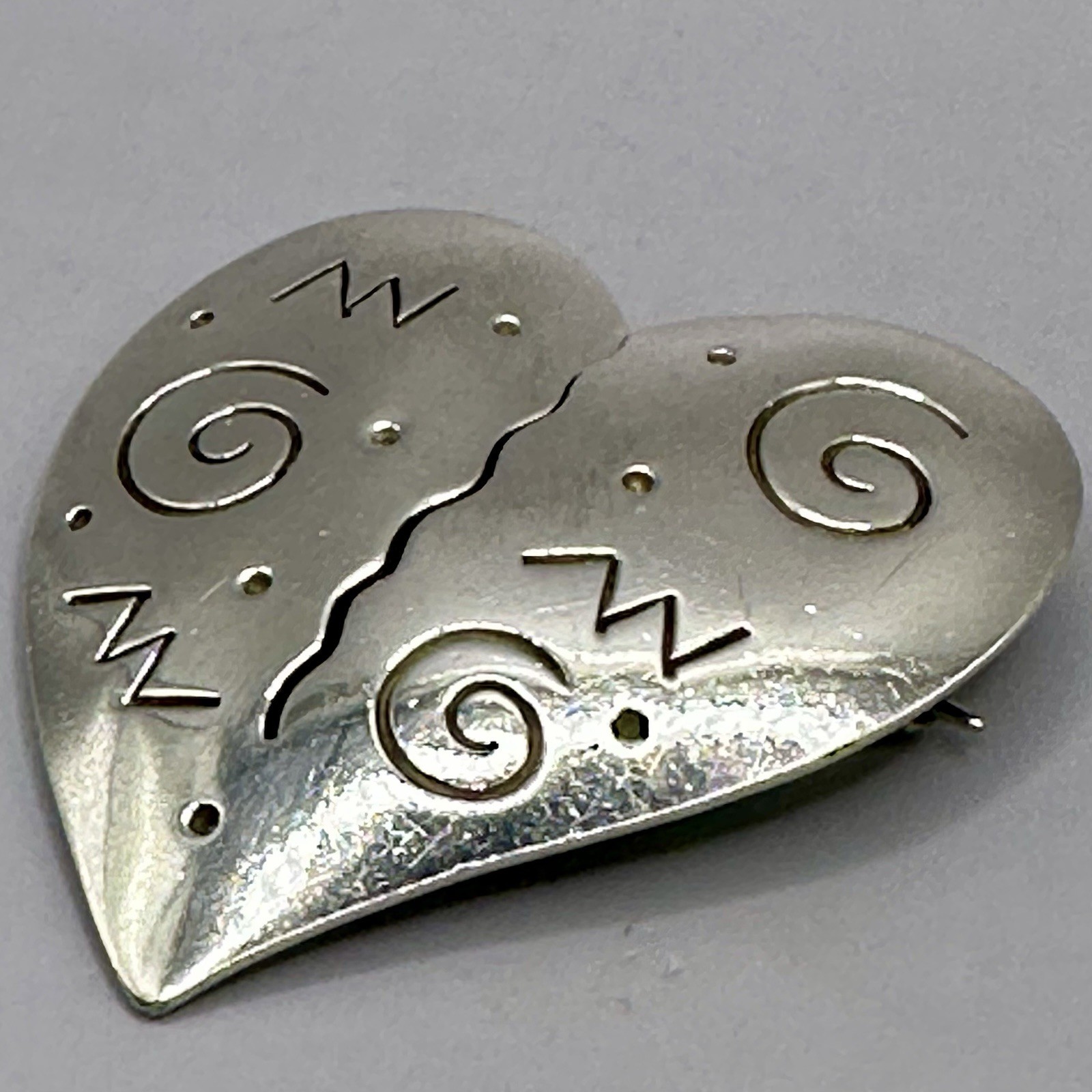 Rustic Stamped Heart Brooch Designer Signed Forbes 925 Sterling Silver Cutout