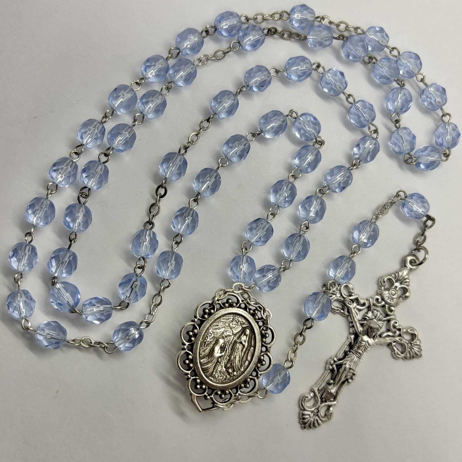 Vtg Religious Catholic Blue Glass Lourdes Cross Rosary Bead Necklace Holy Water