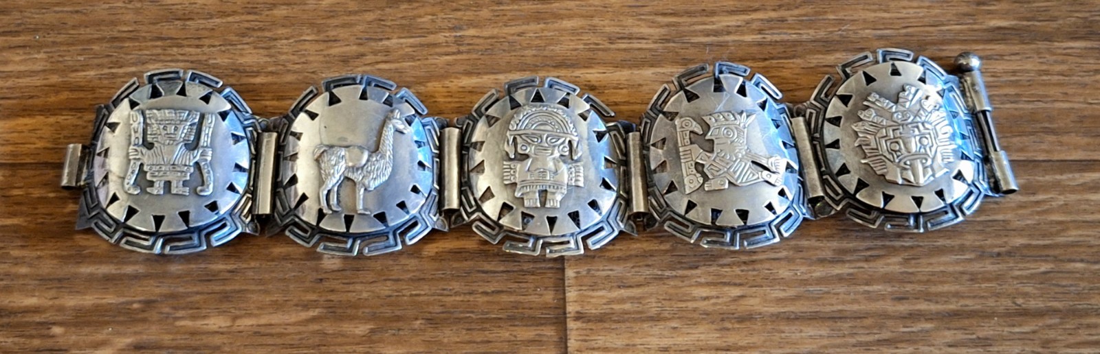 Vintage Estate Peru Sterling Silver Bracelet W/Mayan/Inca Panels! 7.25″ L! 44G!!