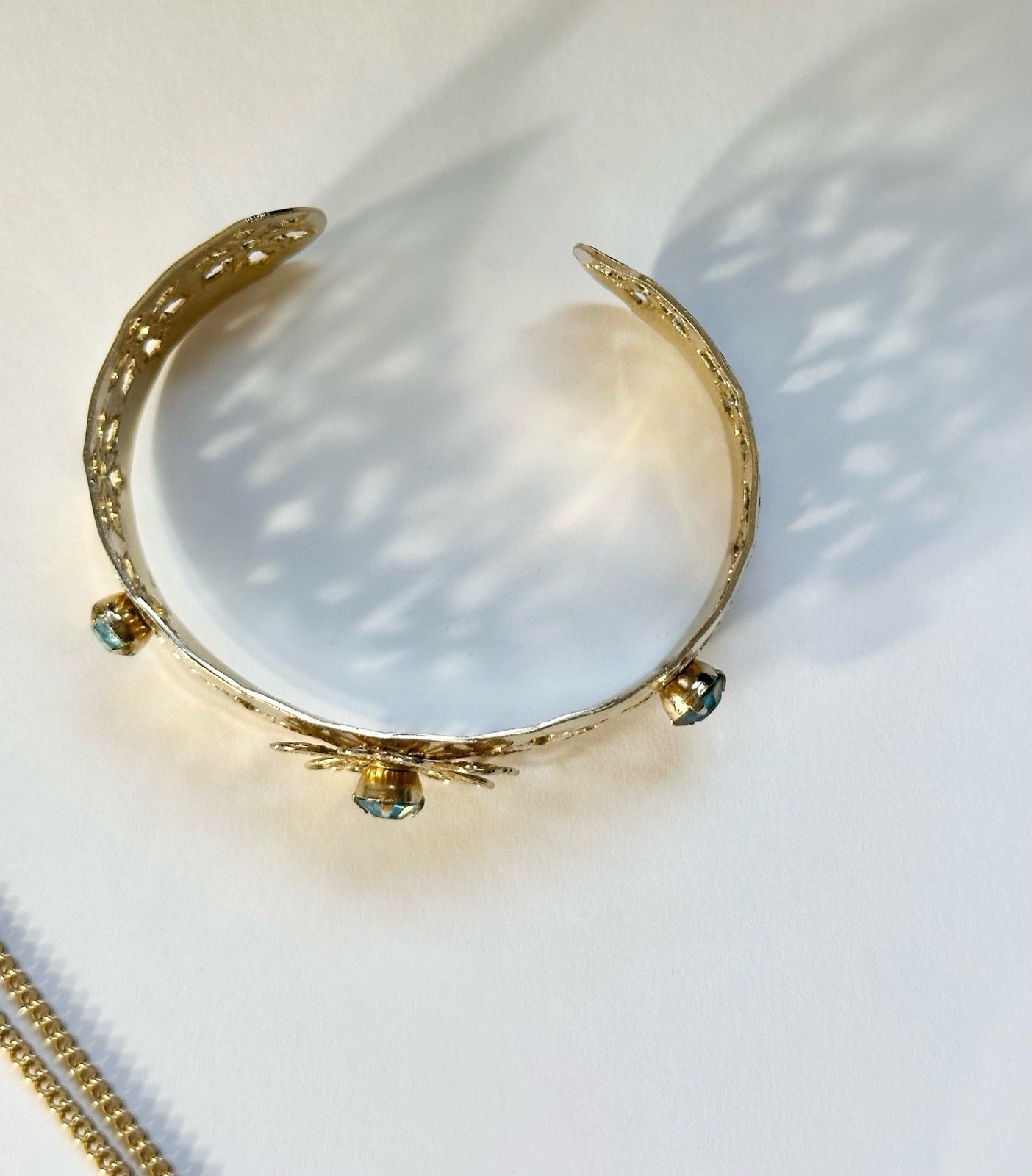 Vintage Set Rhinestone Brooch Pendant Blue Glass Prong Cuff Chain Clip Earrings