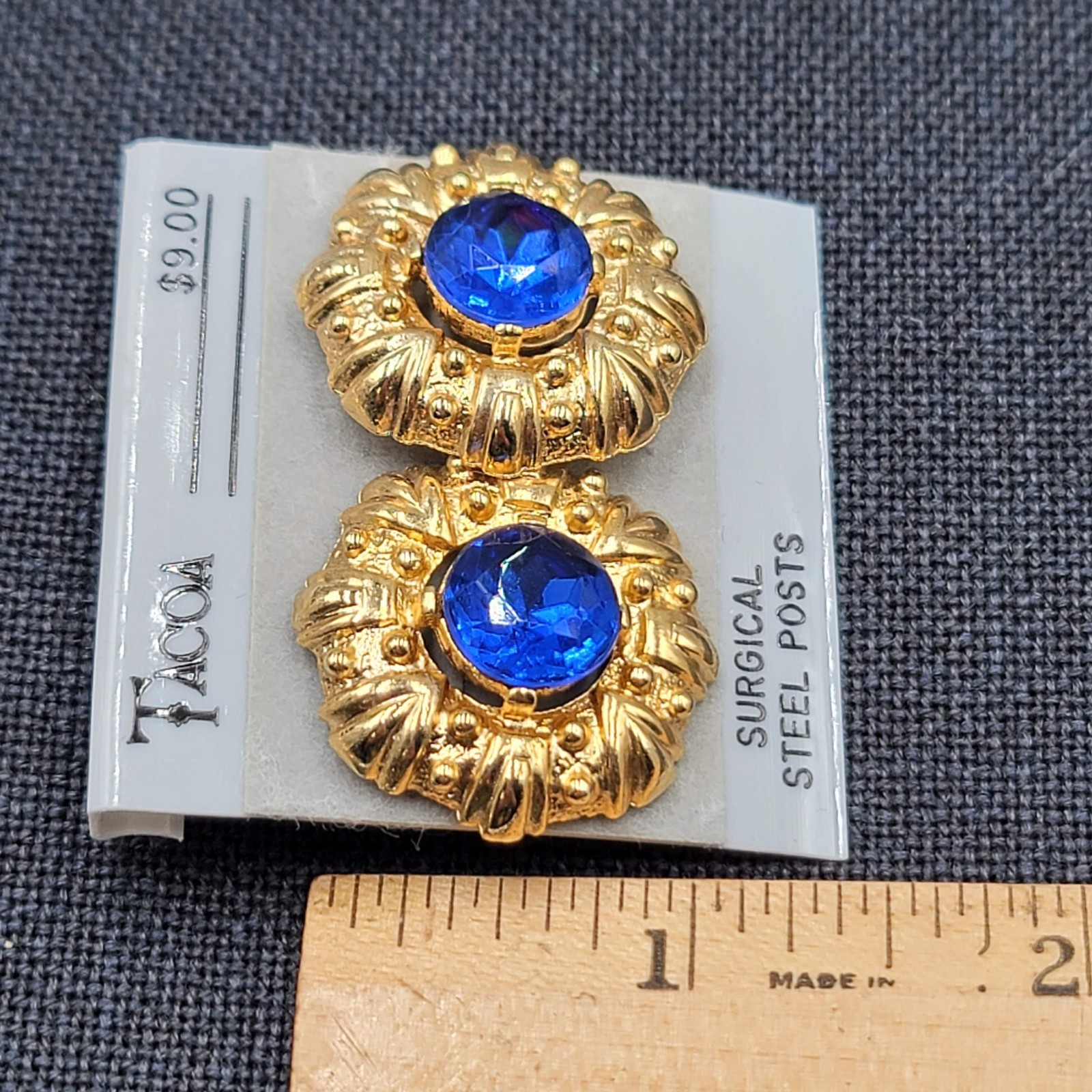 Vintage Tacoa Blue Rhinestone Pierced Earrings Embossed Gold tone NOS 1″