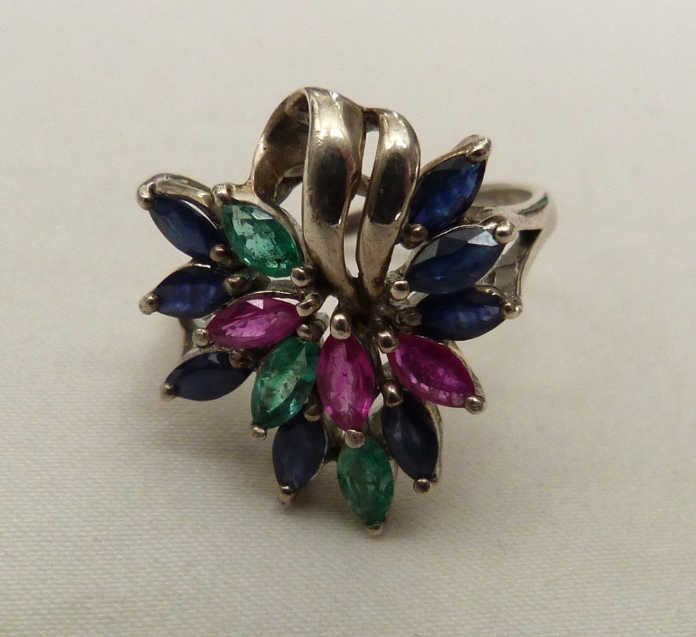 DESIGNER SIGNED EMERALD SAPPHIRE RUBY GEMSTONES STERLING SILVER RING SIZE 9