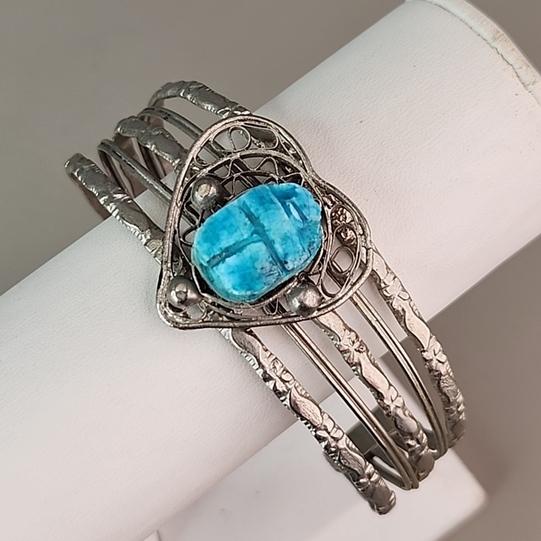 Scarab Cuff Bracelet Faience Blue Clay Wire Heart Silver Tone 7.75″