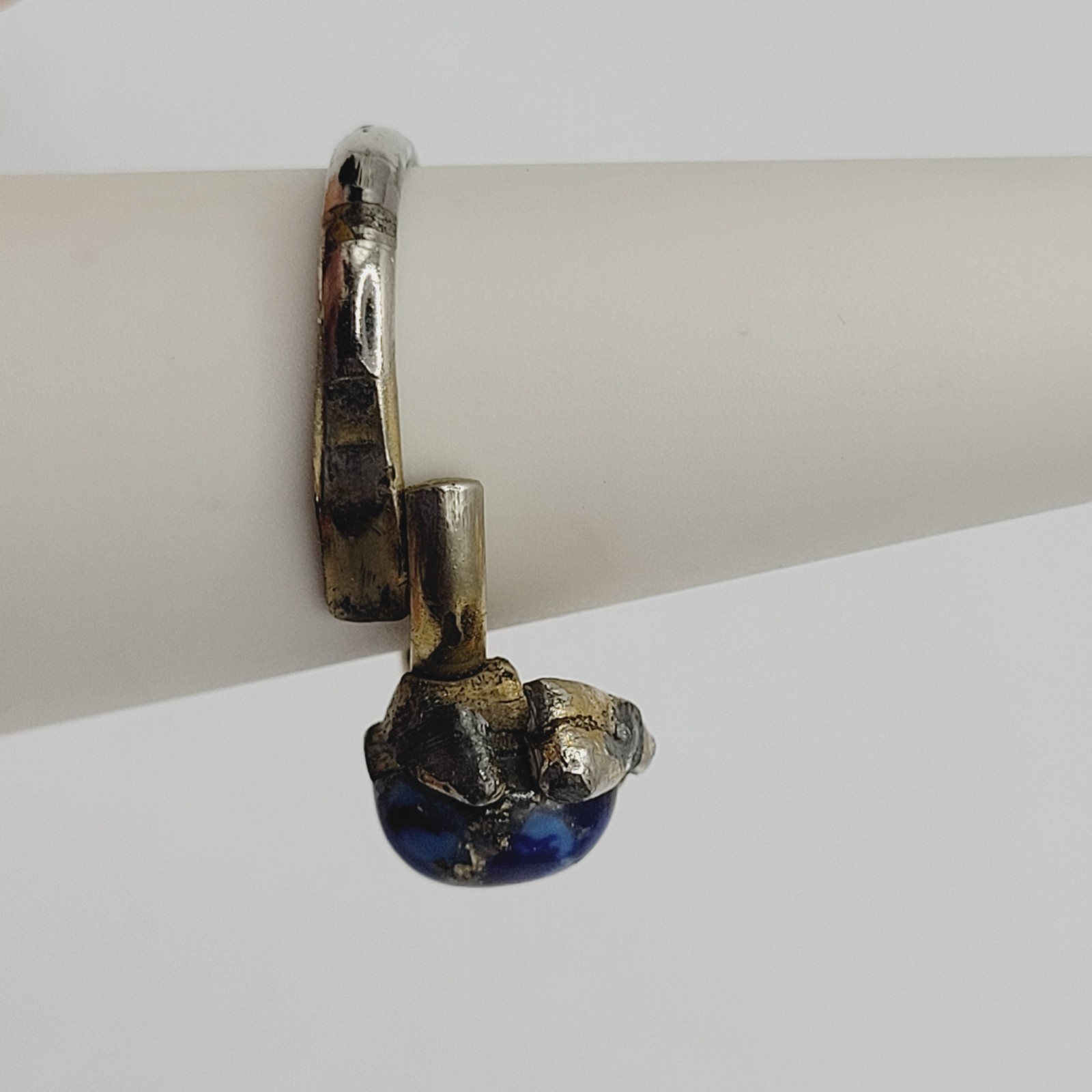 Antique Lapis Lazuli Small Domed Stone w Specks Ring Adjustable Worn Distressed