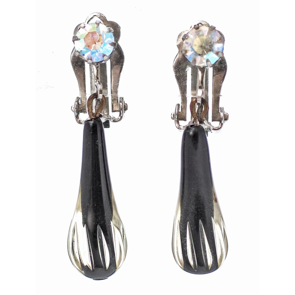1950s Vintage Earrings Black Cased Glass Dangle Drop Aurora Borealis Rhinestone