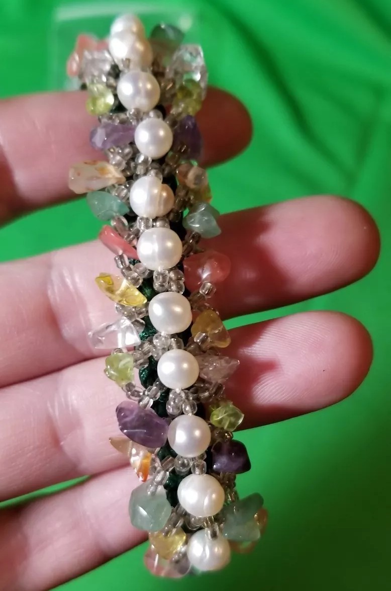 Unique rock shaped beads sewn slider adj bracelet
