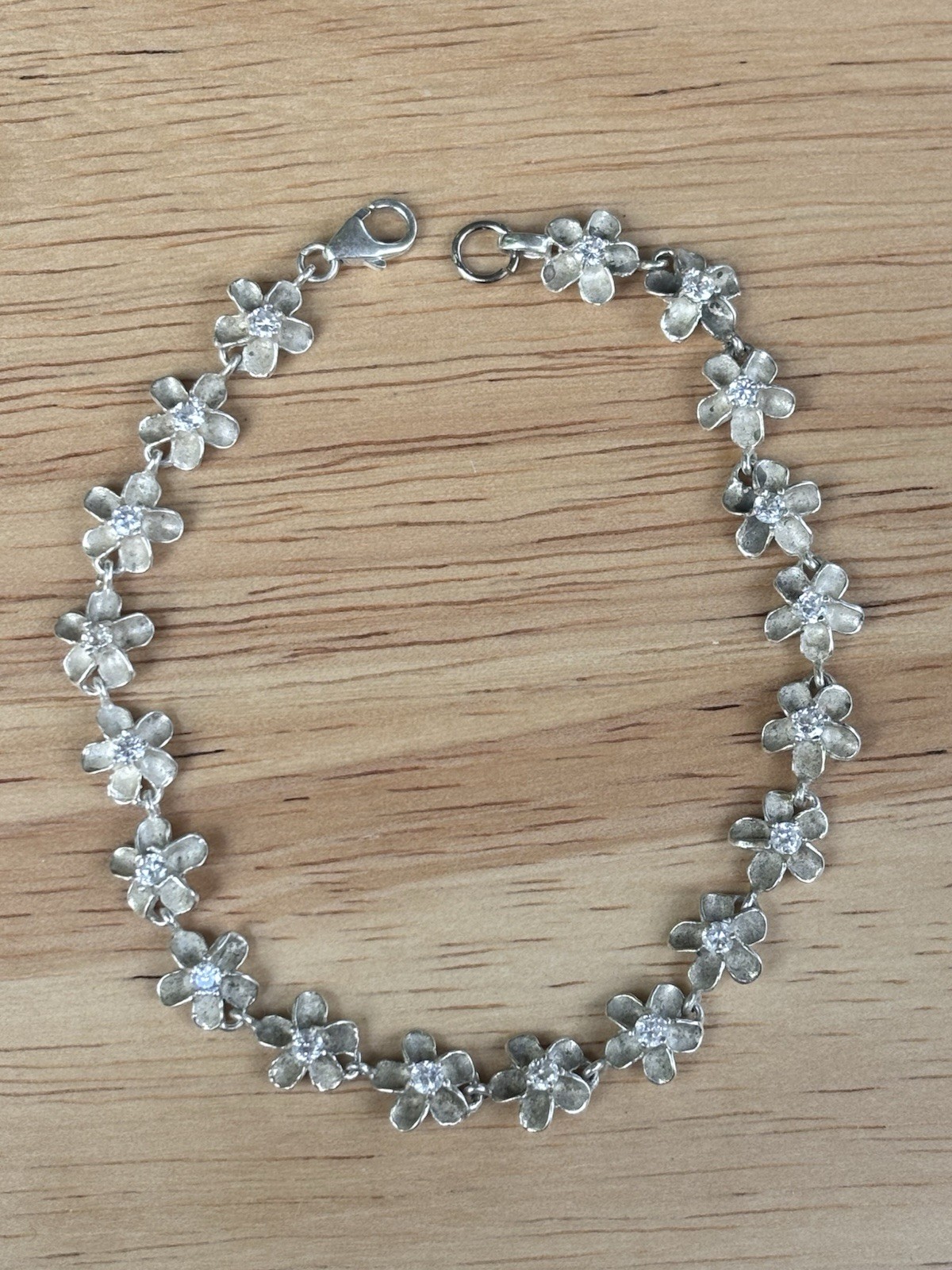 Vintage 925 Sterling Silver CZ Flower Bracelet 7.75” Floral Daisy Link