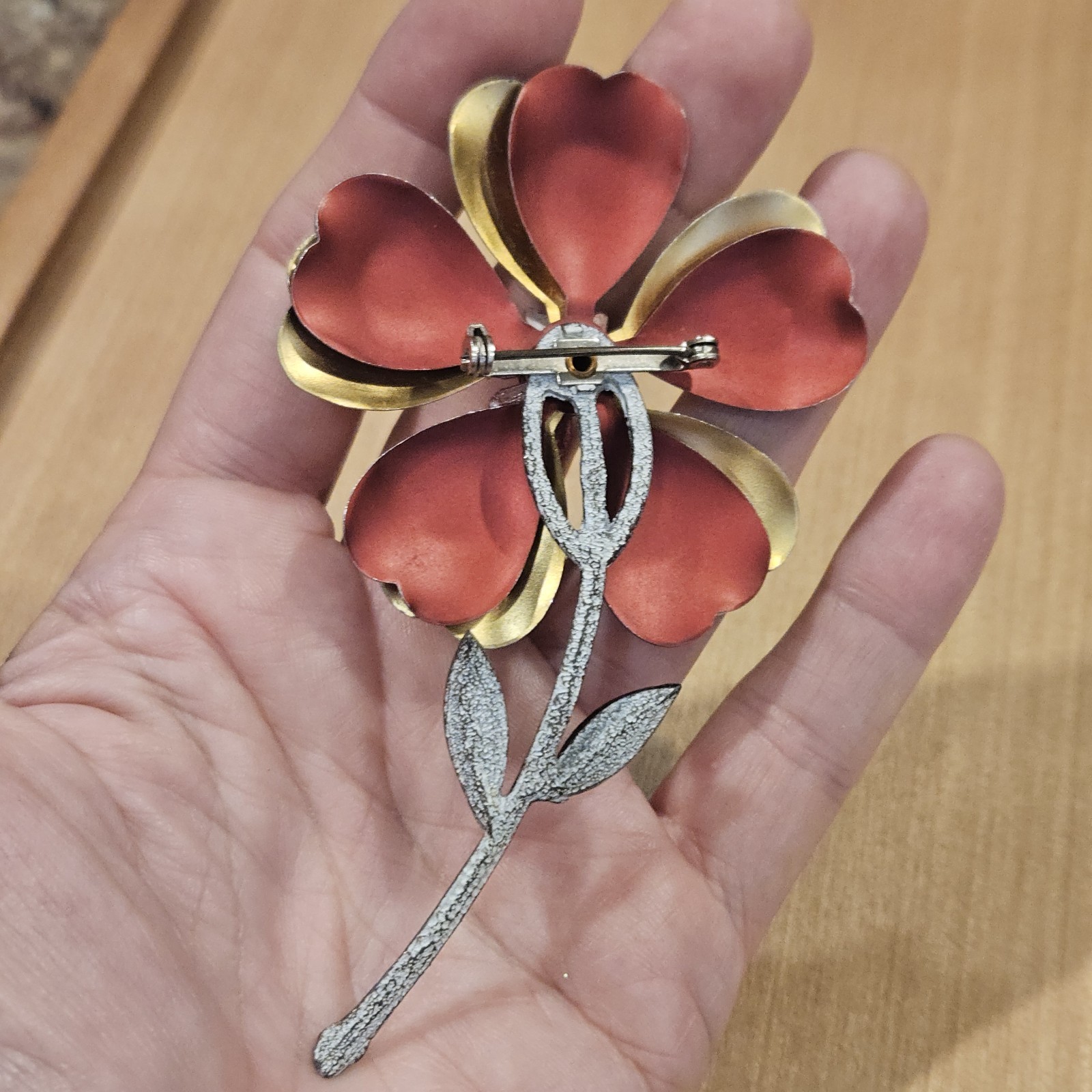 Vintage Enamel Copper Flower Power Brooch Pin Red Heart Rhinestone