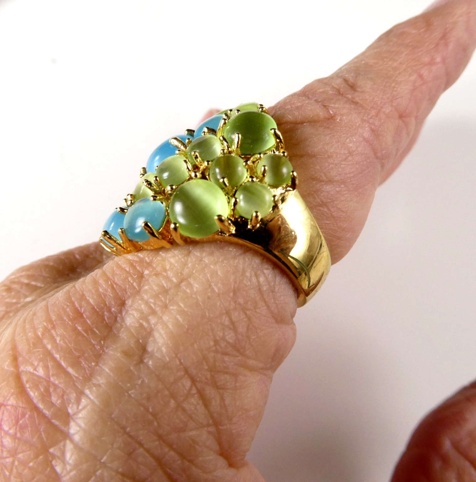 Pretty Blue & Lime Green Cocktail Ring Size 8 Moonstone Cabochons Gold Tone