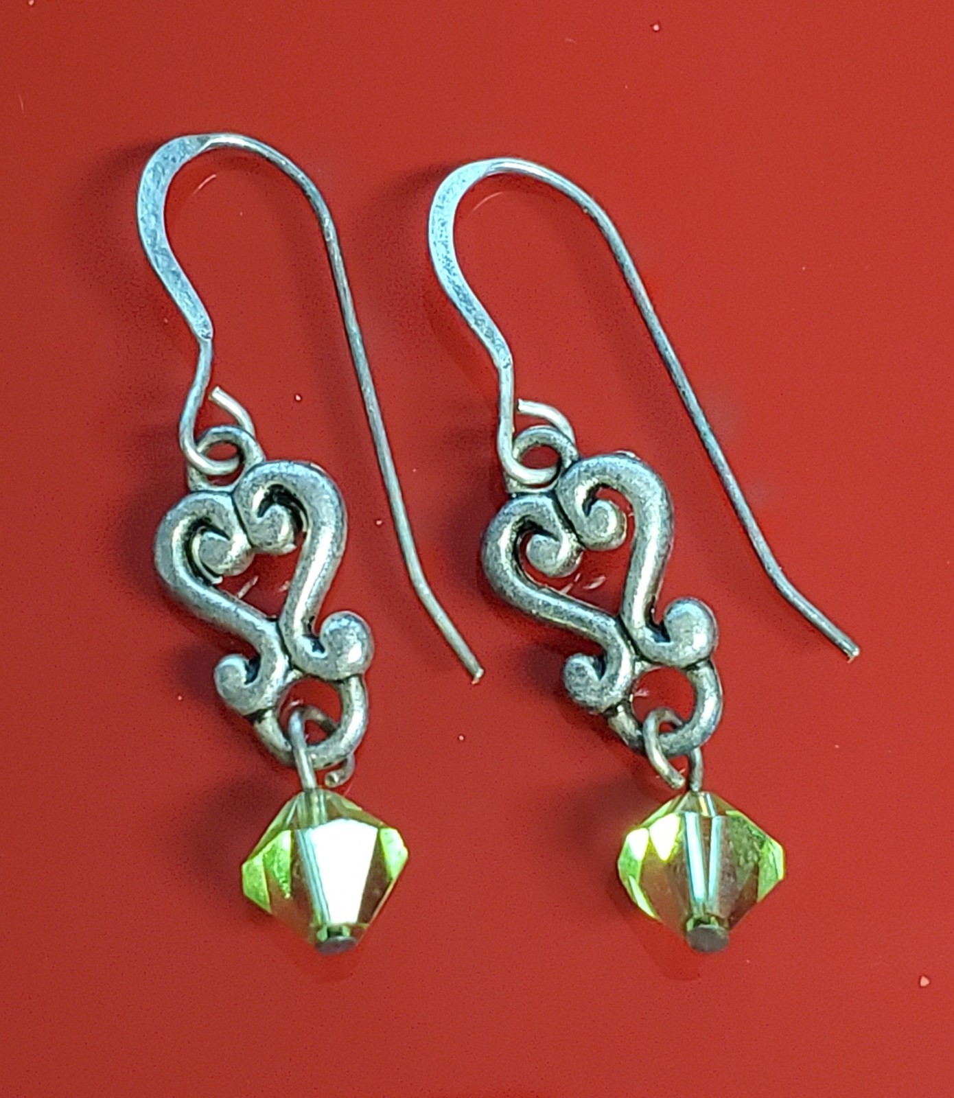 VTG 925 Green Bicone Crystal Earrings 1.25in Drop Sterling Silver Heart Scroll