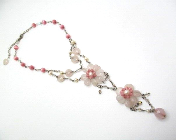 Stunning Pearl Pink Cats Eye Pink Quartz Stone Heart Flower Lariat Necklace