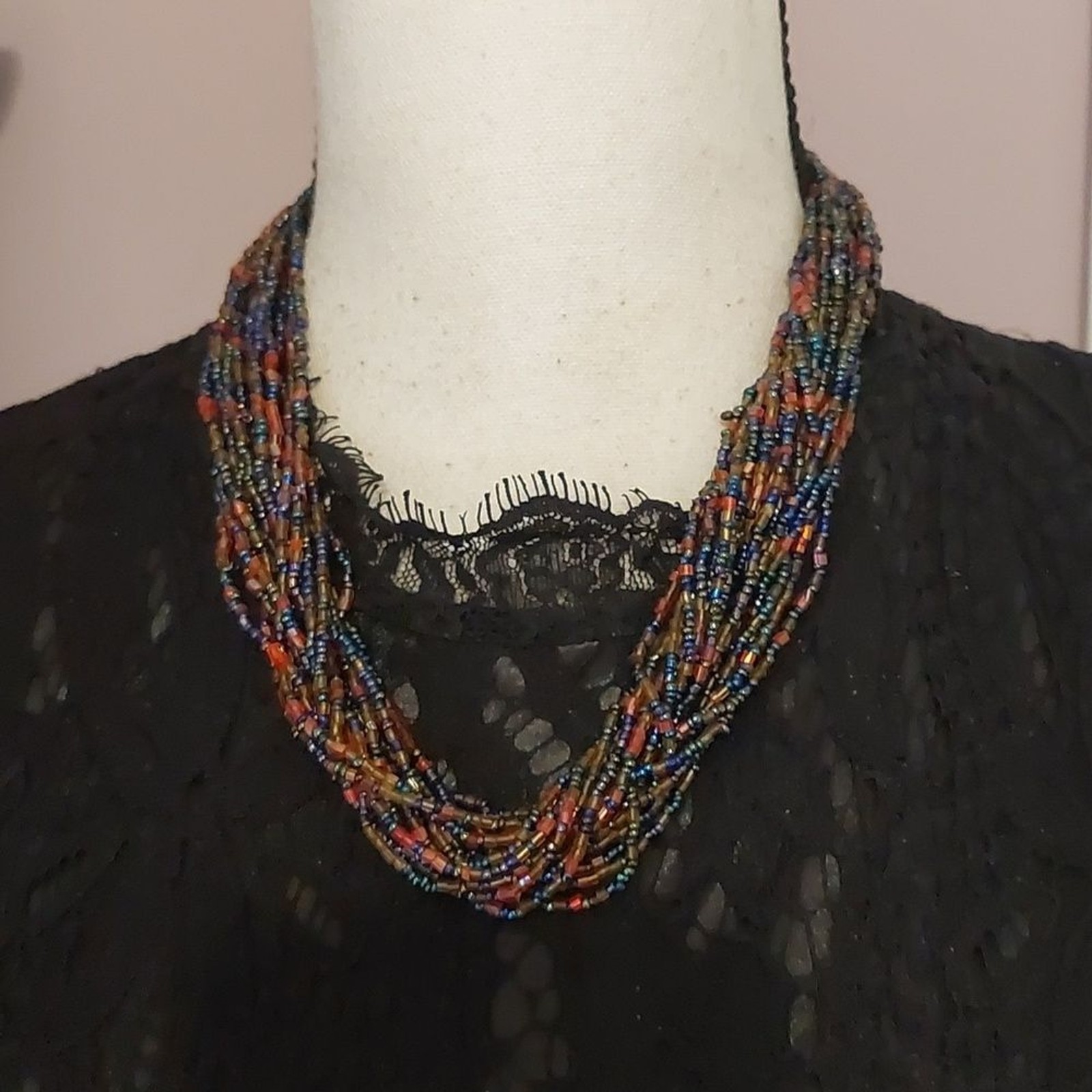 Vintage Artisan Colorful Multistrand Bead Necklace Hook and Loop Clasp