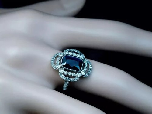 Art Deco Emerald Cut Sapphire & Lab Created Diamond 14k White Gold Finish Ring