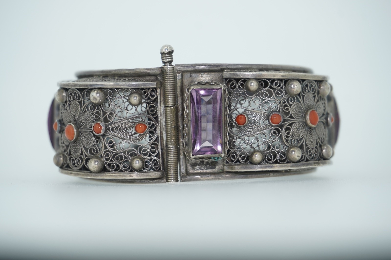 Vintage 800 Cannetille Coral & Amethyst Glass Bracelet
