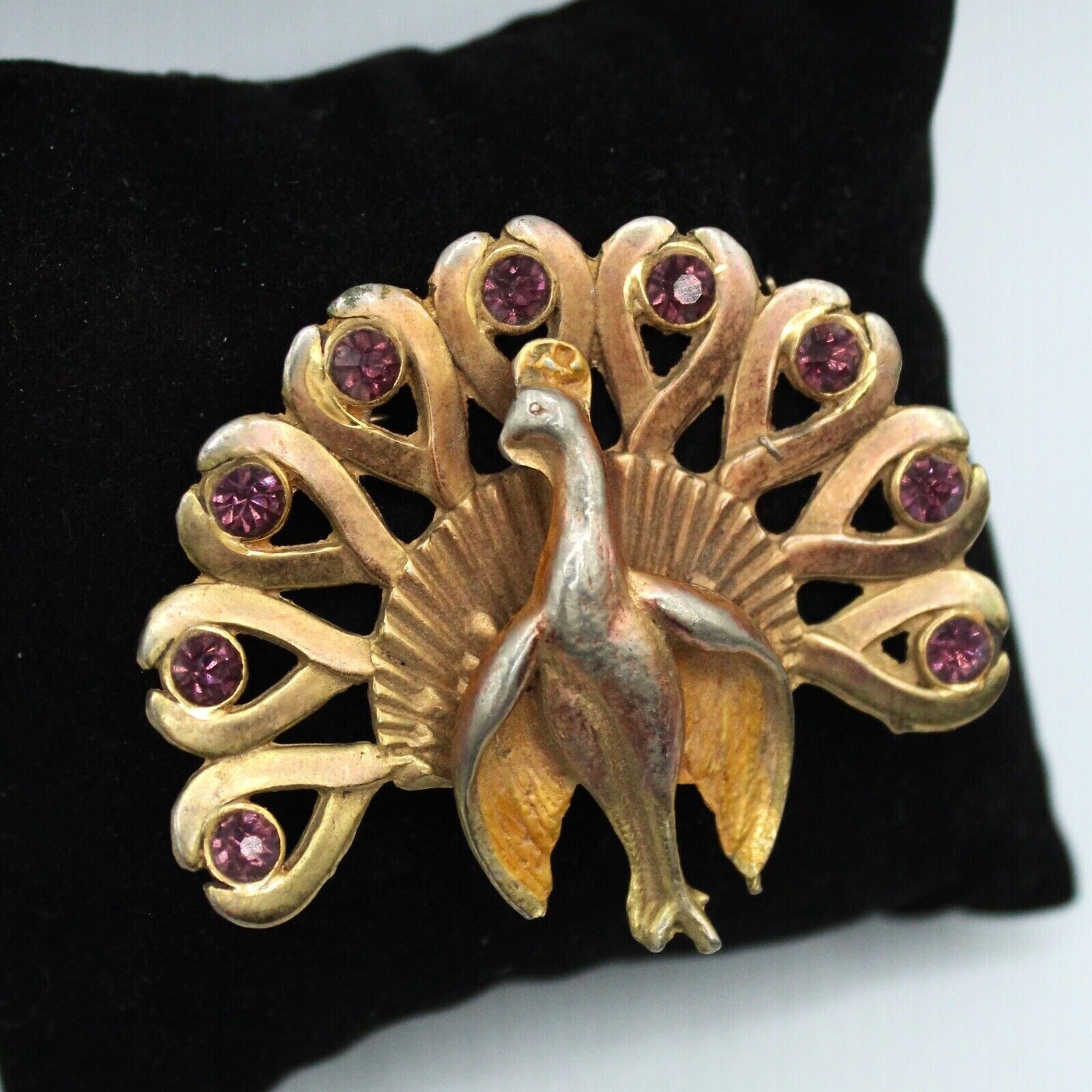 Peacock Brooch Pin w/ Purple Rhinestones Gold Tone 1920s 1930s