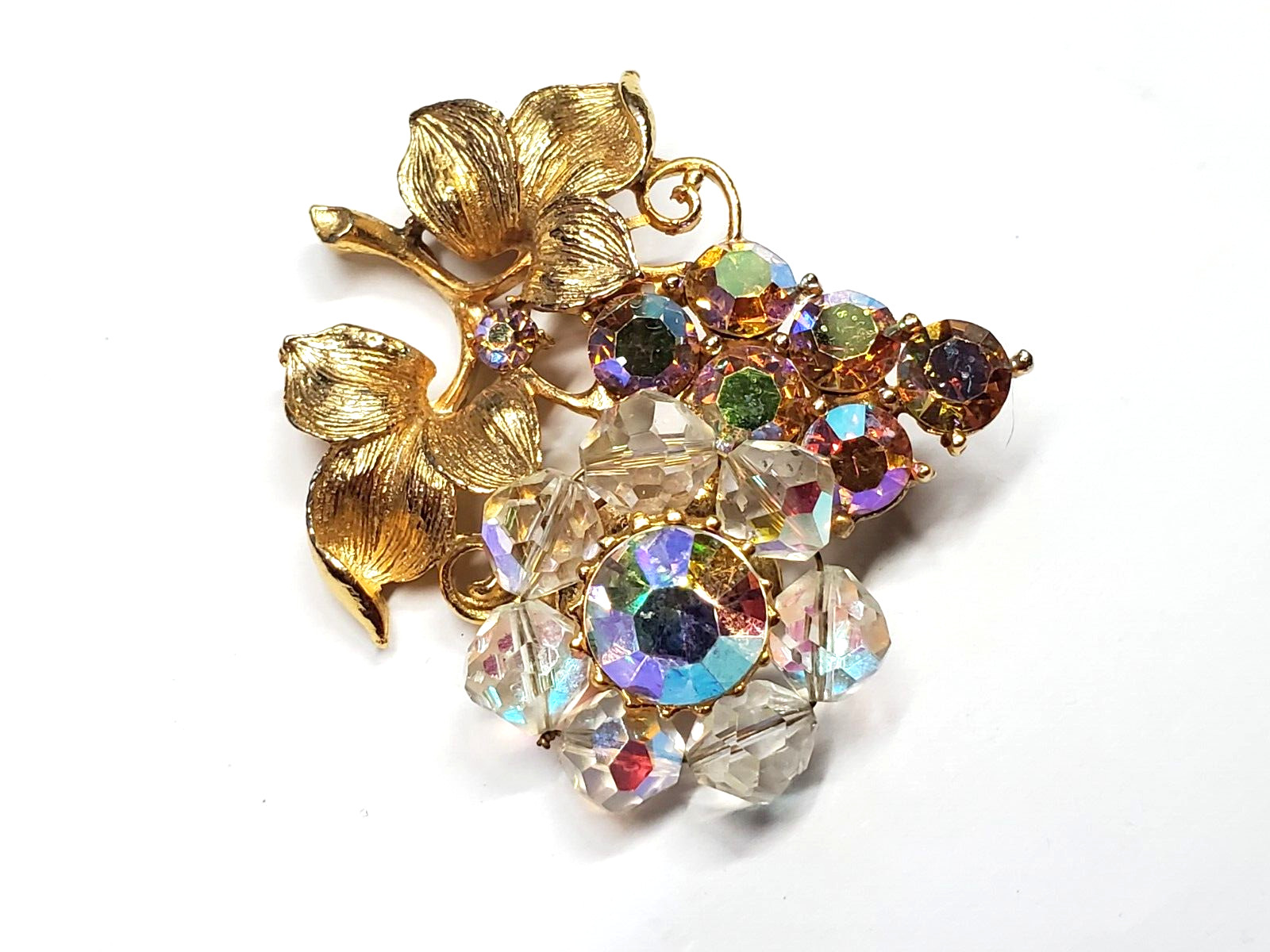 Vintage High End Aurora Borealis Rhinestone Bead Brooch Grape Cluster Leaves