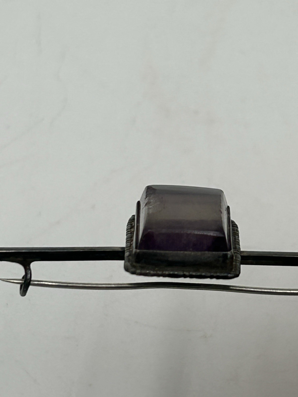 925 Sterling Silver Vintage Large Cushion Cut Amethyst Bar Pin Brooch