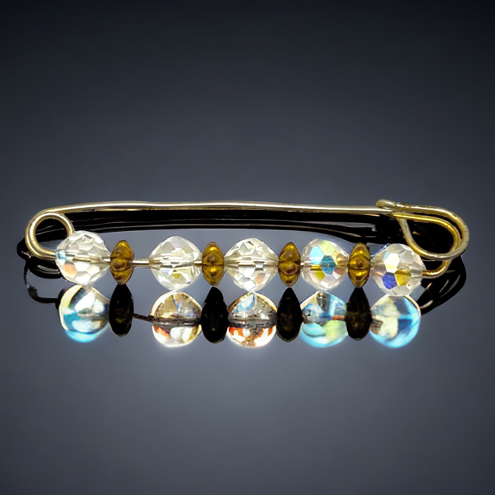 Aurora Borealis Kilt Pin Crystal Glass Bead Sweater Brooch Gold Tone