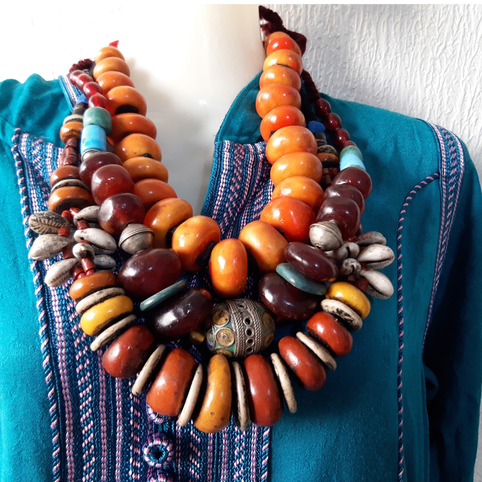 3 old Handcrafted Berber Necklace resin Bead Amber Color Artisan Jewelry Morocco
