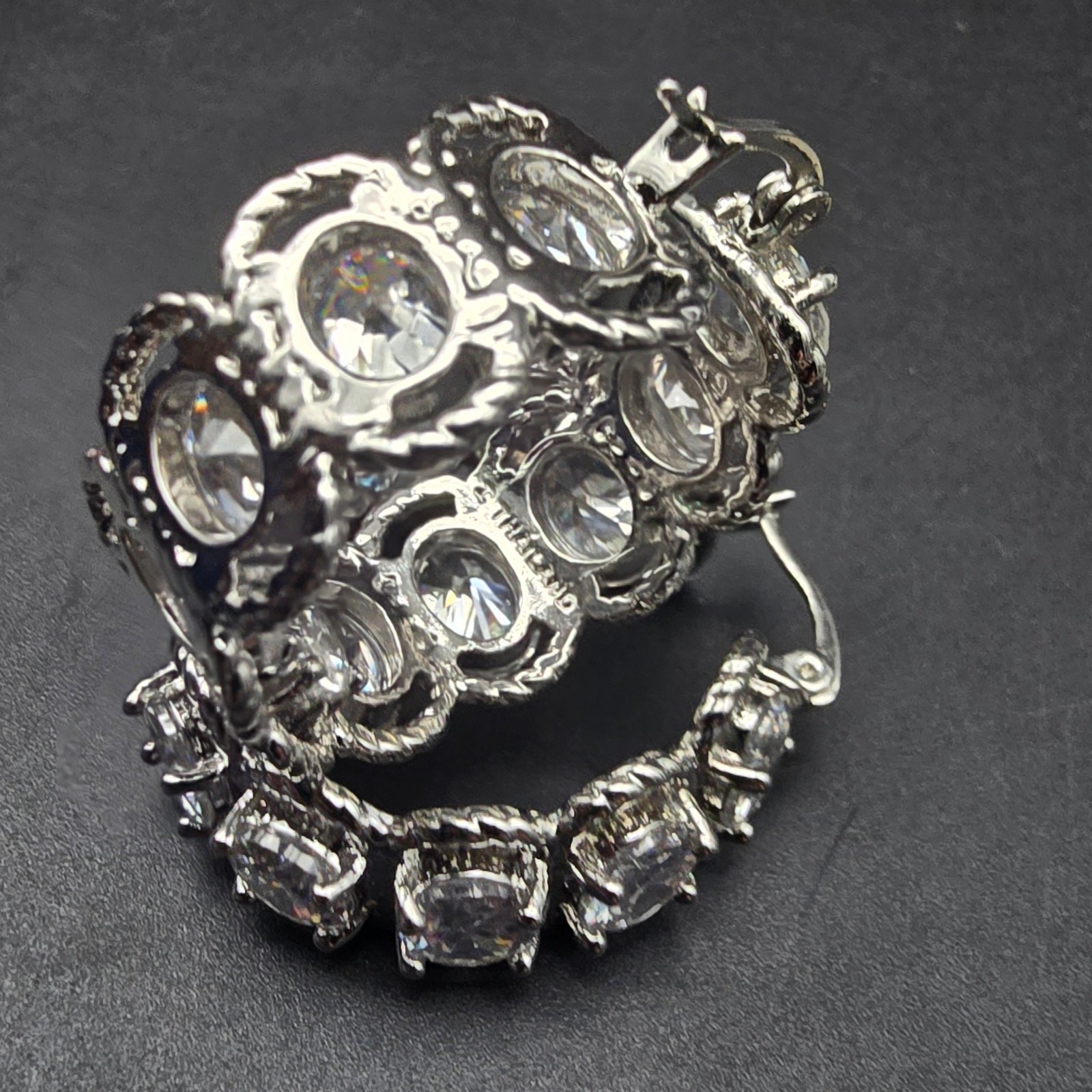 Clear Glass Rhinestone Hoop Earrings Silver Tone Thailand