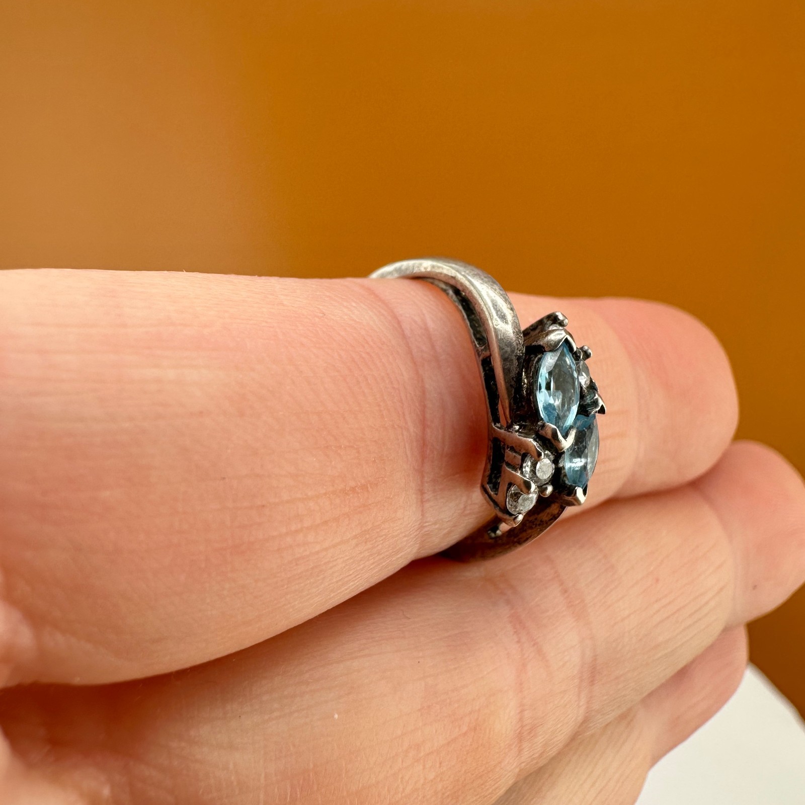Vintage Sterling Silver Blue Topaz Ring Marquise Cut Dainty Size 6.75 Signed