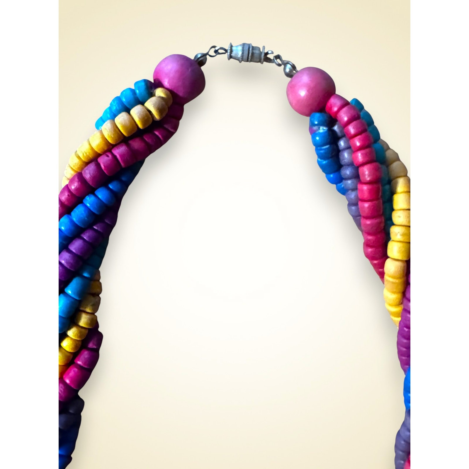 Vintage 1980s Multi Strand Twisted Wood Bead Necklace and Clip On Earring Set