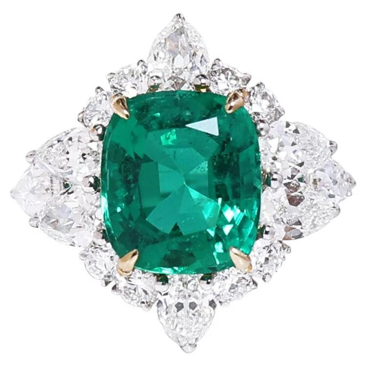 Exquisite Vivid Green 4.77CT Emerald & Lab-Created 5.60CT Diamonds Cluster Ring