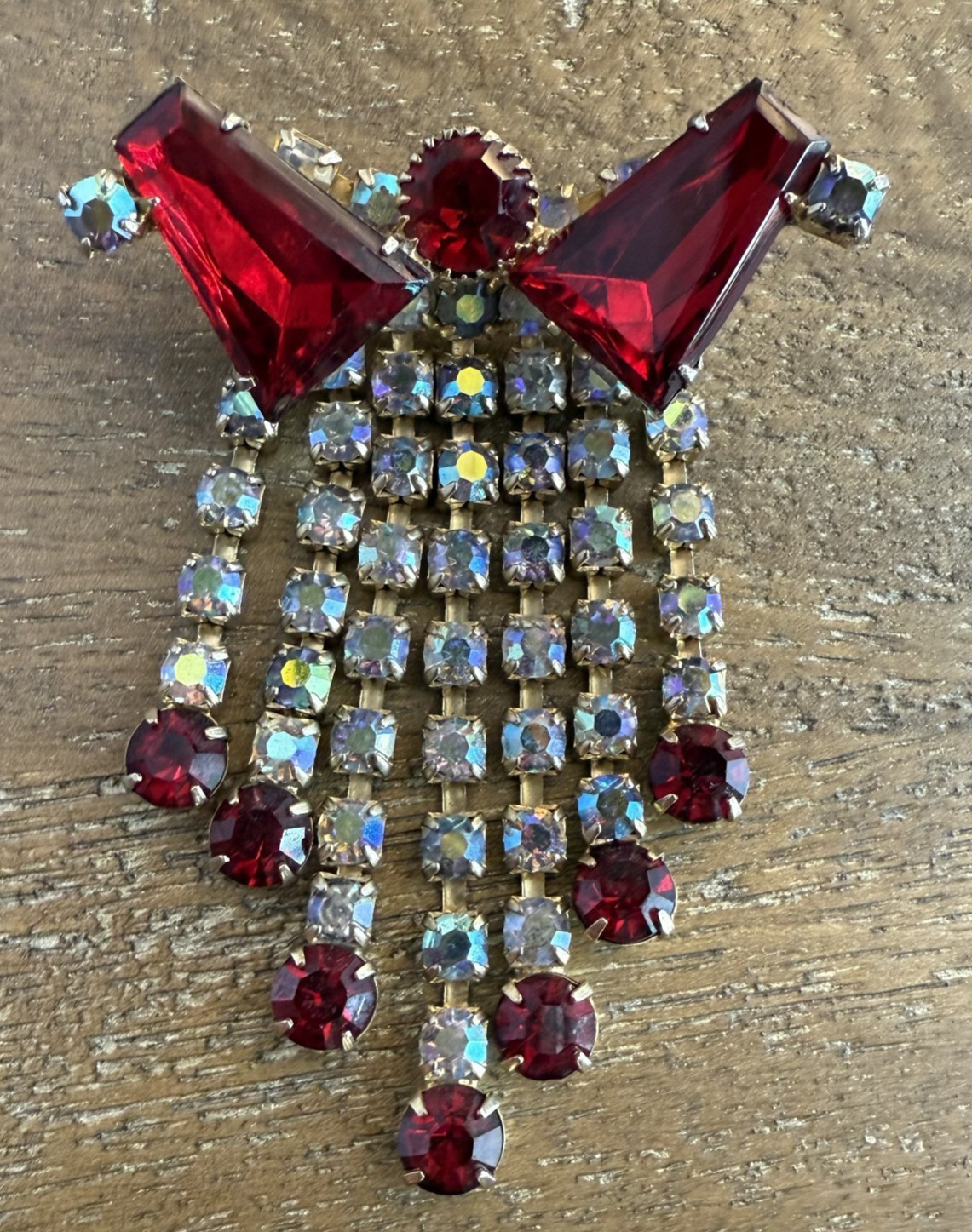 Vintage Brooch Ruby Red with AB Rhinestones Dangles