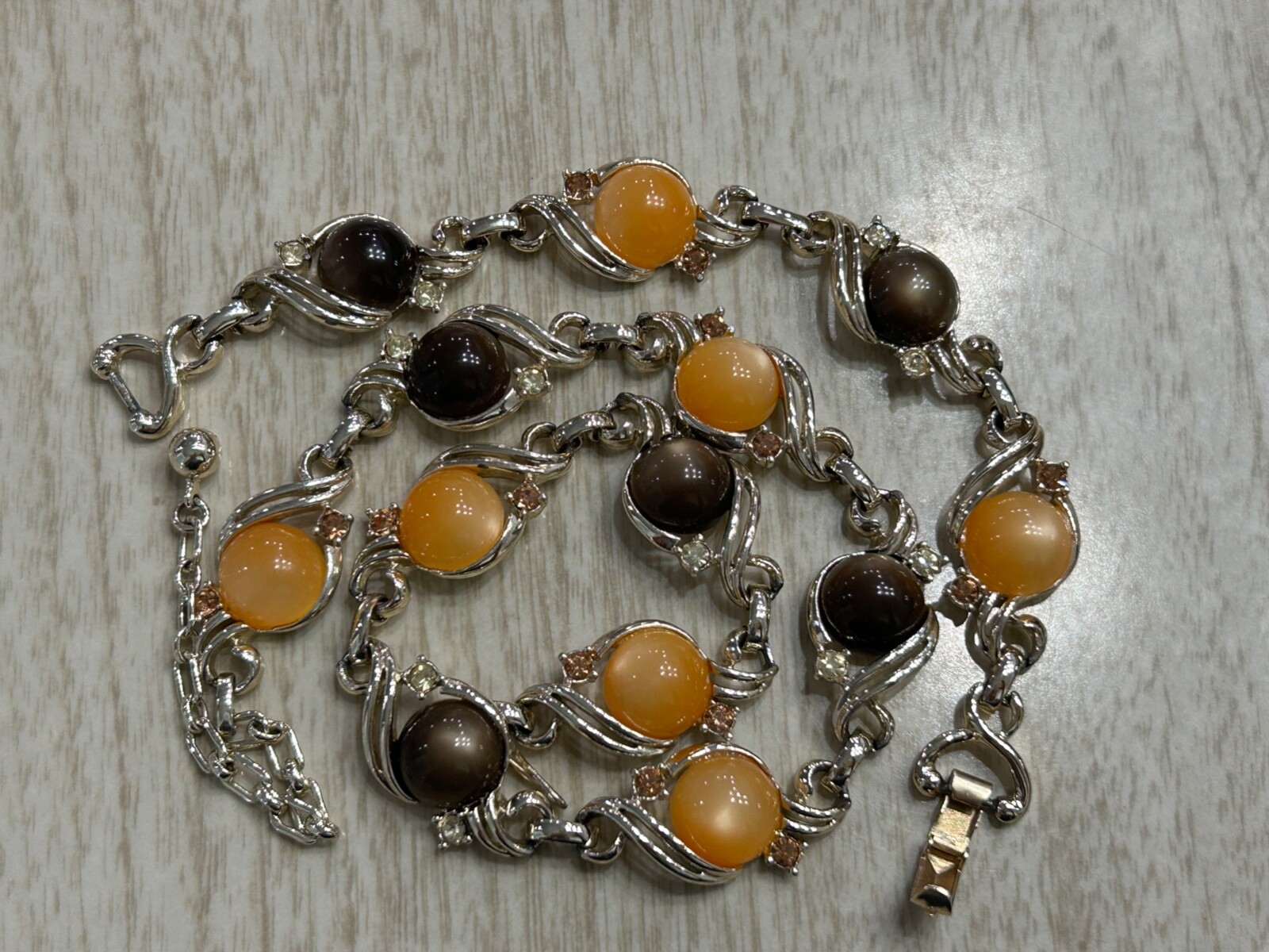 Vintage Peach Brown Moonglow Thermoset Lucite Rhinestone Necklace & Bracelet Set