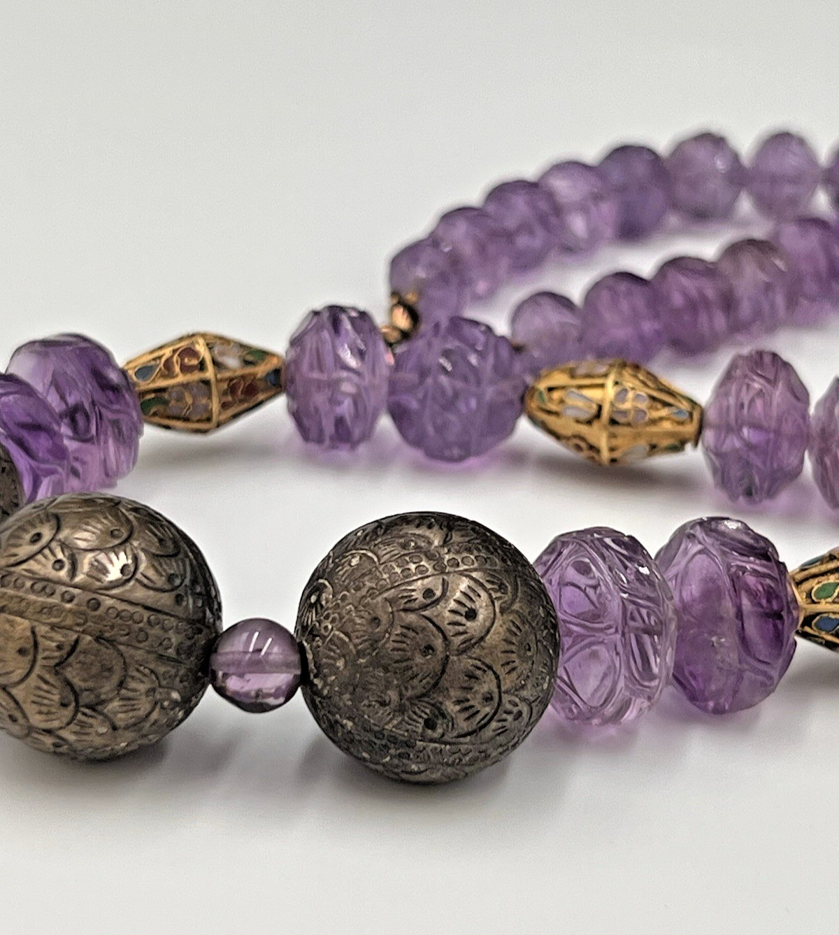Vtg Chinese Carved Amethyst Bead & Gold Cloisonne Necklace, 168 grams, 30″ Long