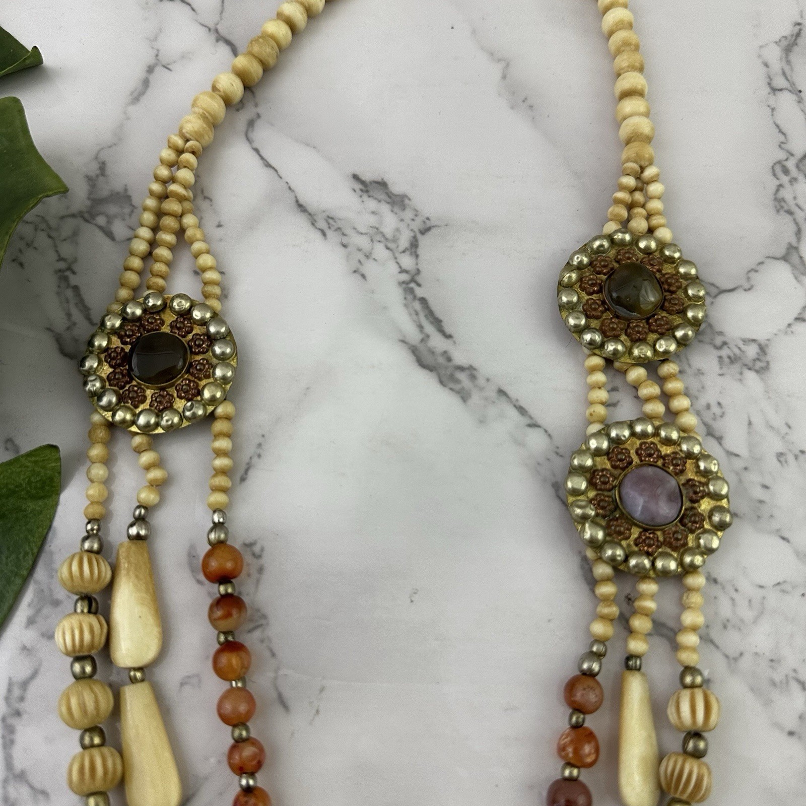 Vintage 70s Boho Layered Beaded Necklace Cream Orange Medallion Whimsygoth
