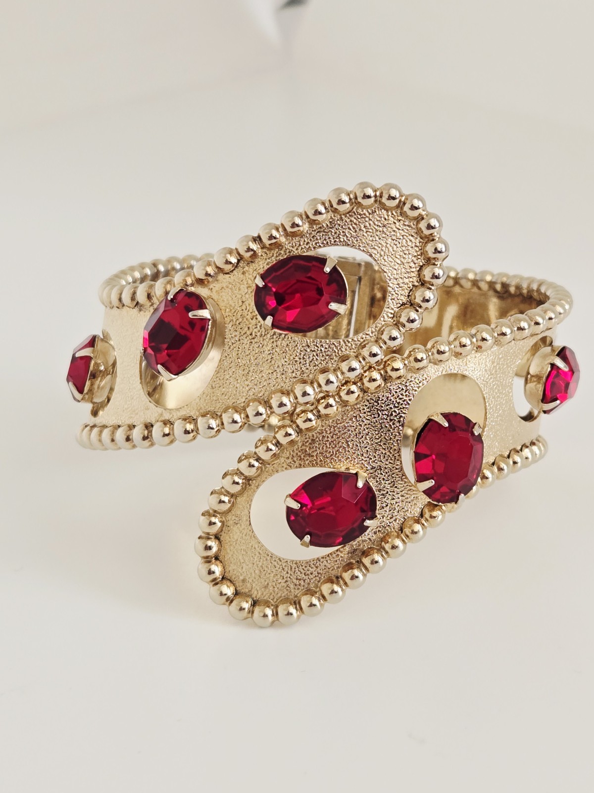 Vintage MCM Gold Tone Red Rhinestone Statement Clamper Bracelet