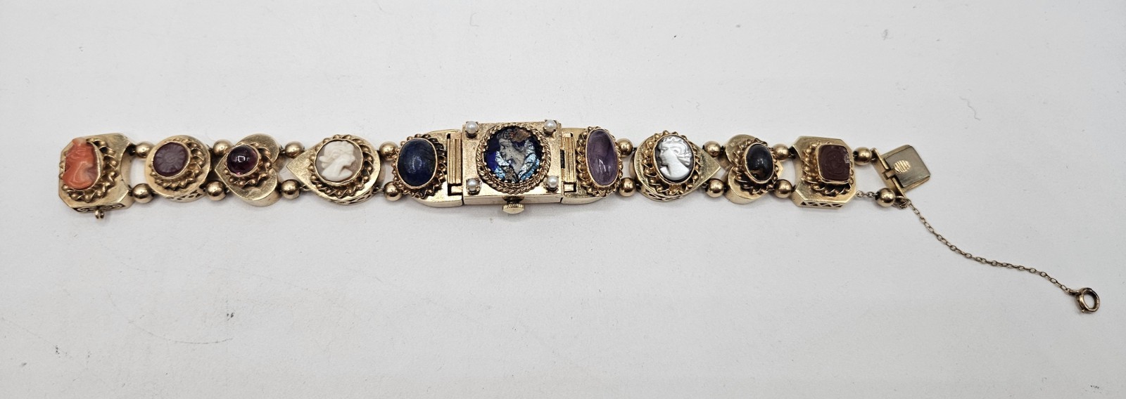 Stunning 14k Yellow Gold Slide Charm Omega Gemstone Bracelet Watch