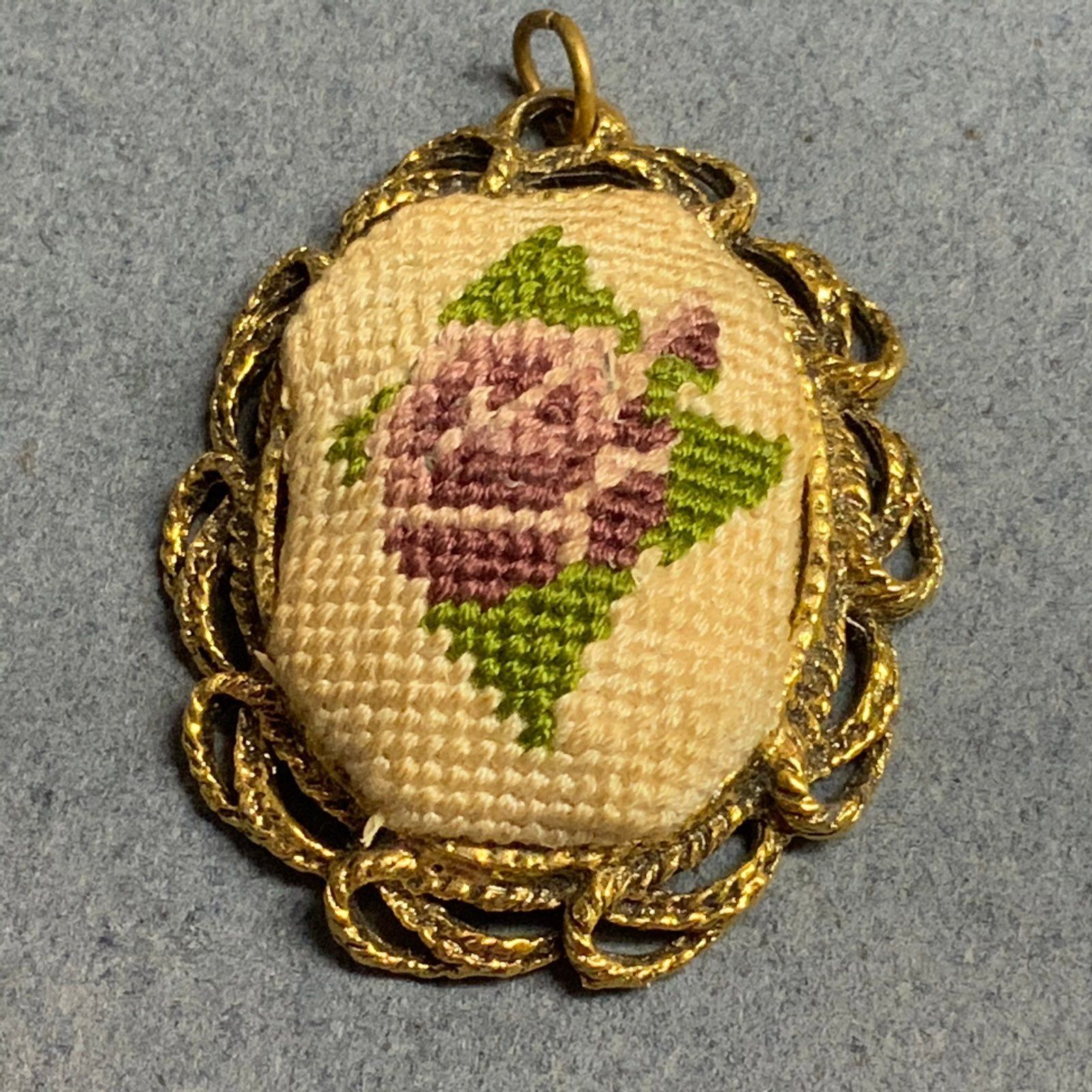 Vintage Needlepoint Mirror Pendant As Is Retro Gold Cream Purple Green Flower