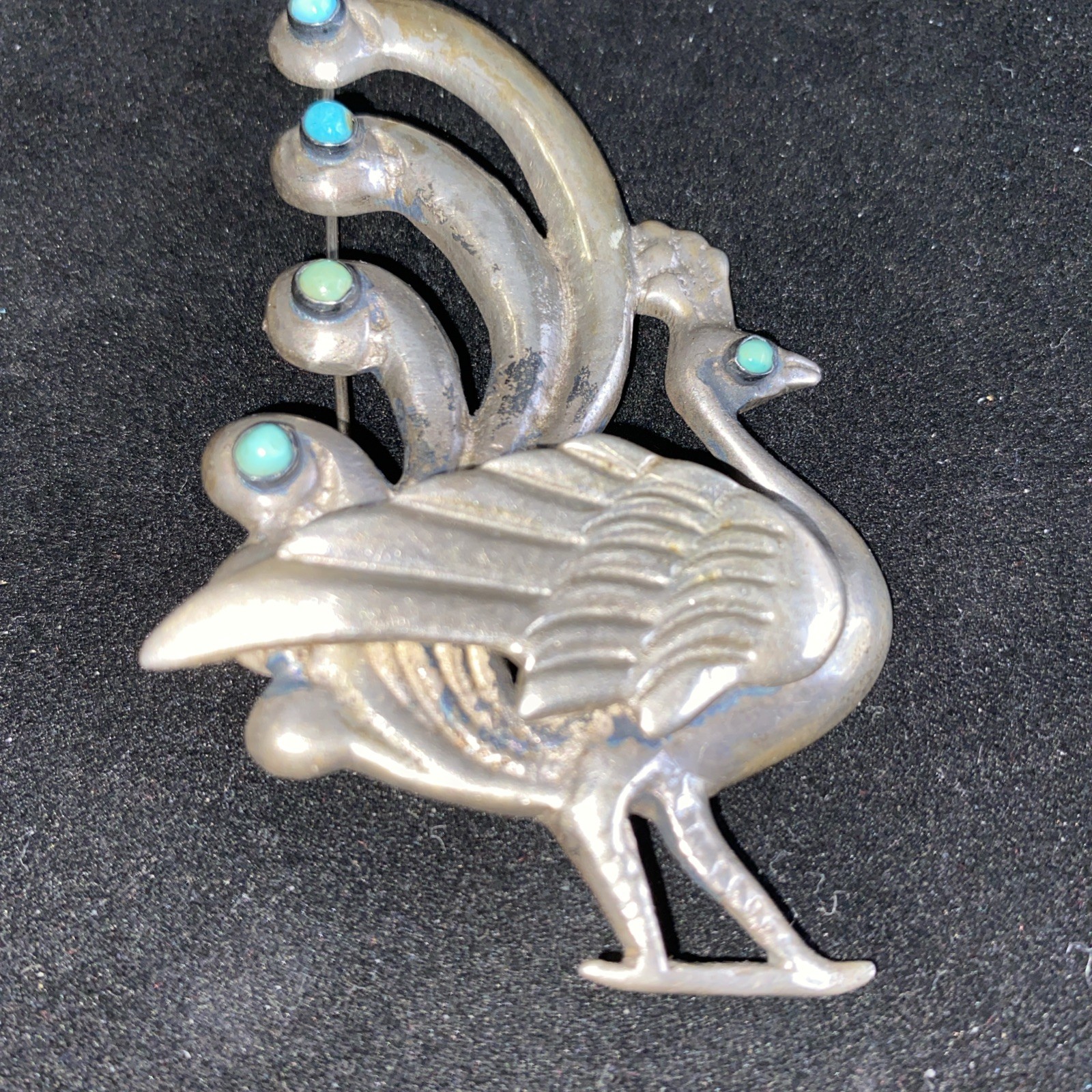 Vtg Peacock Pin Marked Silver Mexico With Turquoise Appox. 33gr Dimensional