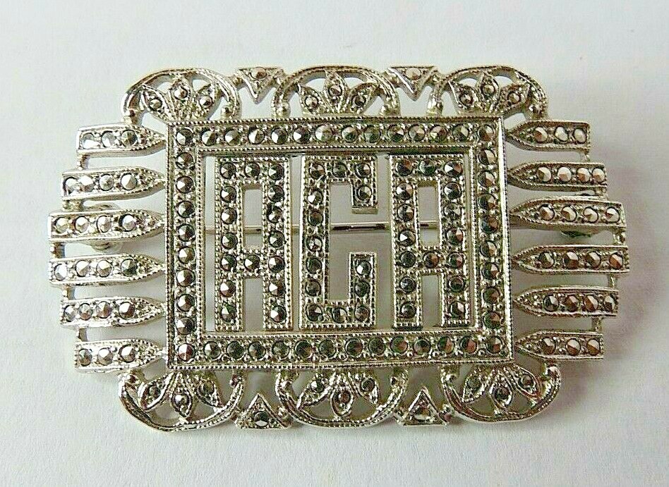 ANTIQUE LARGE LADIES STERLING SILVER ACA MARCASITE STONES PIN BROOCH 9.40 Grams