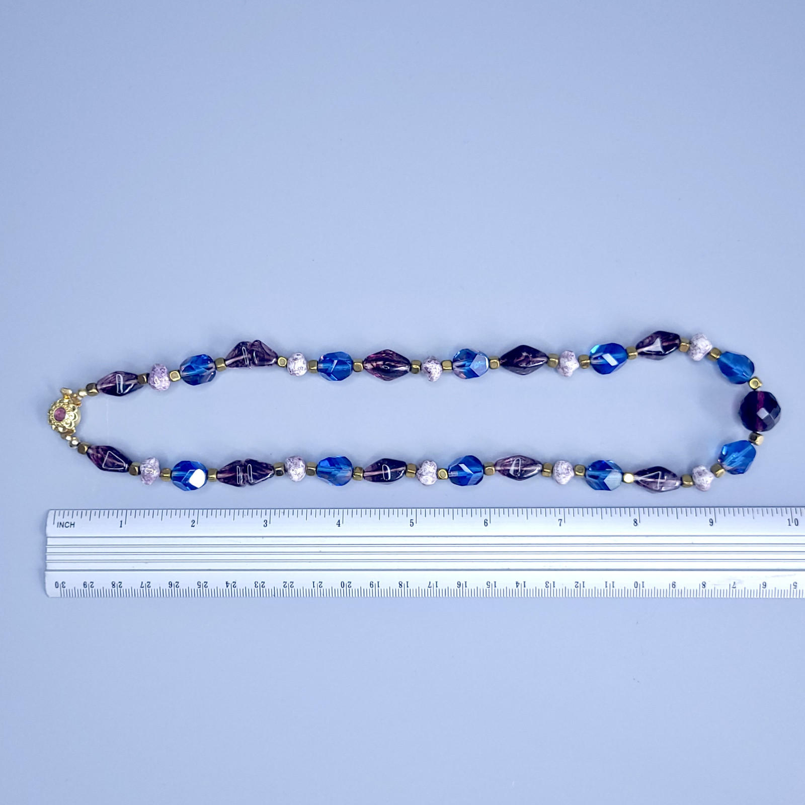 Necklace 20” Blue and Purple Glass Czech Vintage Beads Women`s Jewelry