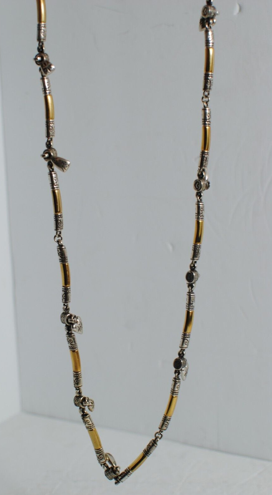 Retro Vintage Shiny Gold Tone Bar Link Chain with Small Charms Necklace 30”