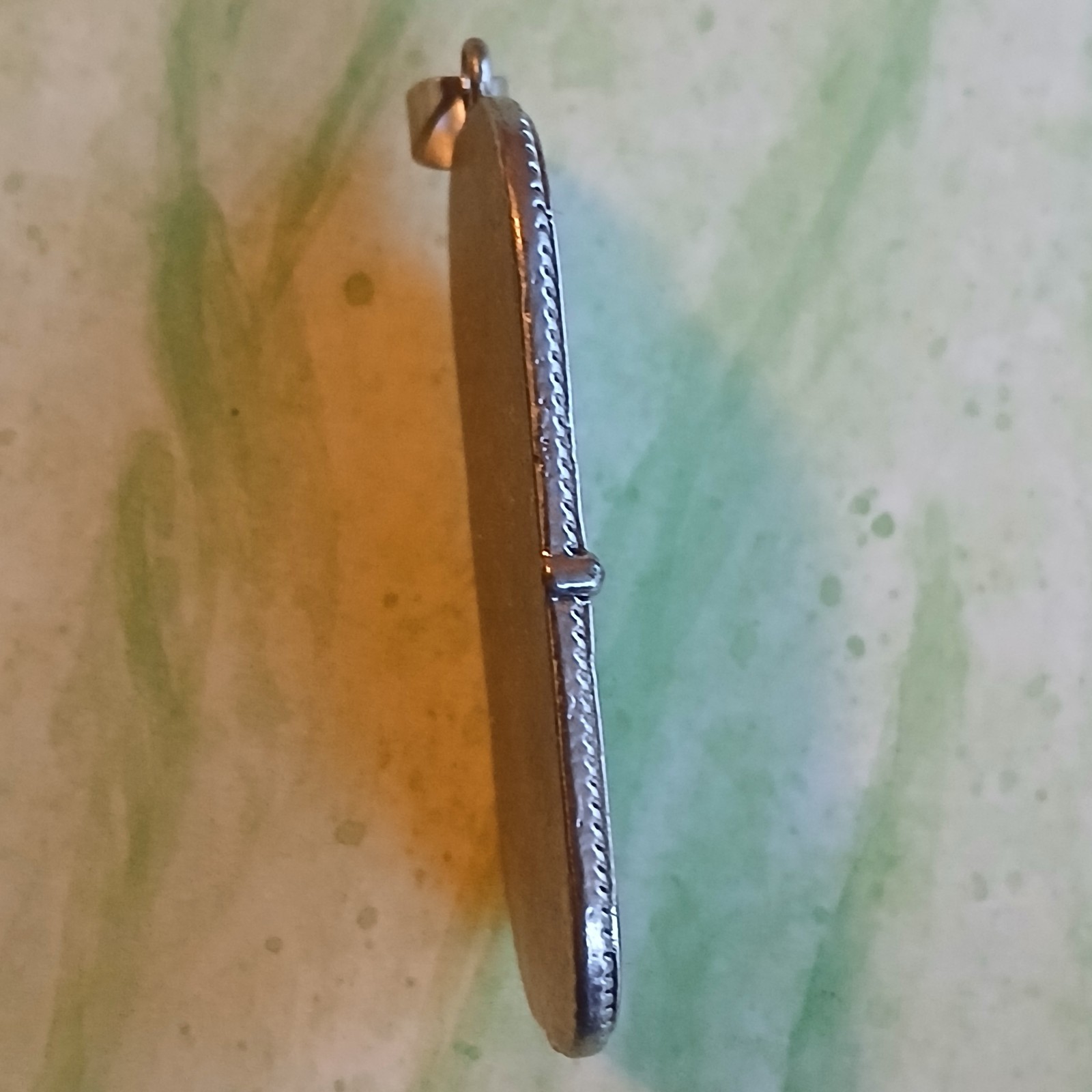 Vintage Pretty Peacock Bird Pendant Ceramic Rectangle Silver Tone 1 × 2 Inches