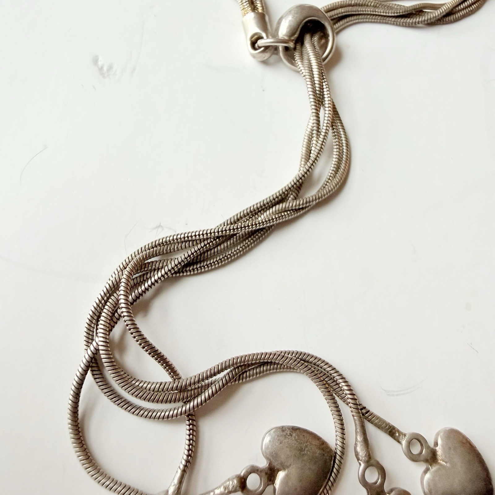 Dangling Hearts 5 Strand Lariat Snake Chain Sterling Silver 925 Necklace 18”