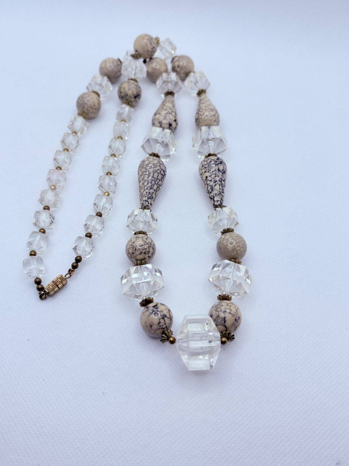 Vintage Faceted Acrylic And Faux Stone Necklace Large Beads Statement Cream