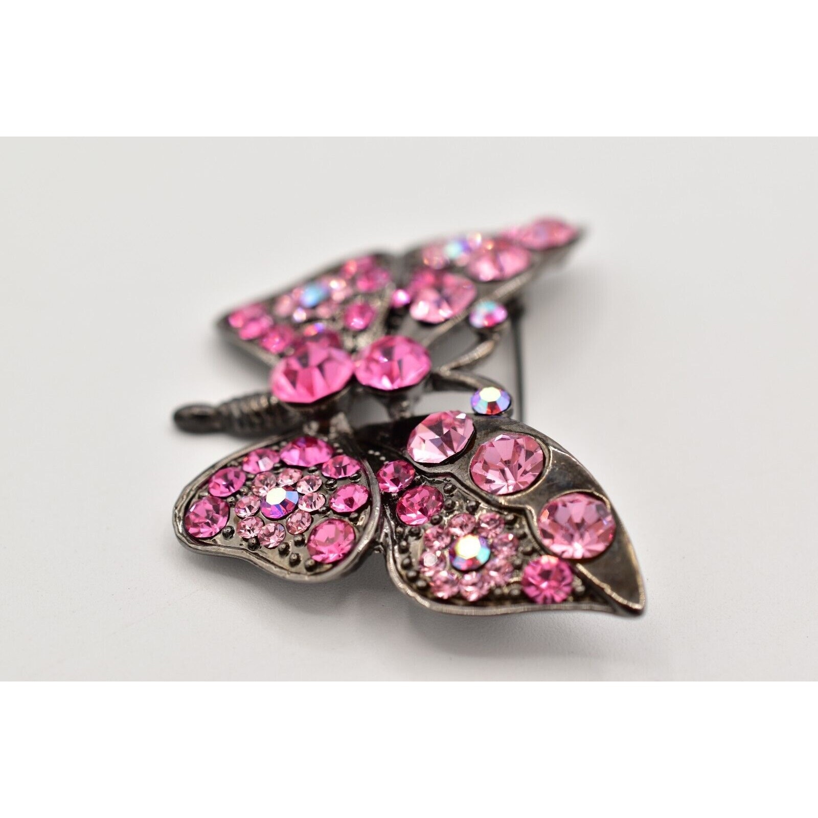 Vintage Crystal Butterfly Pin Brooch Pink Rhinestone Gunmetal Sparkling 90s Bin4