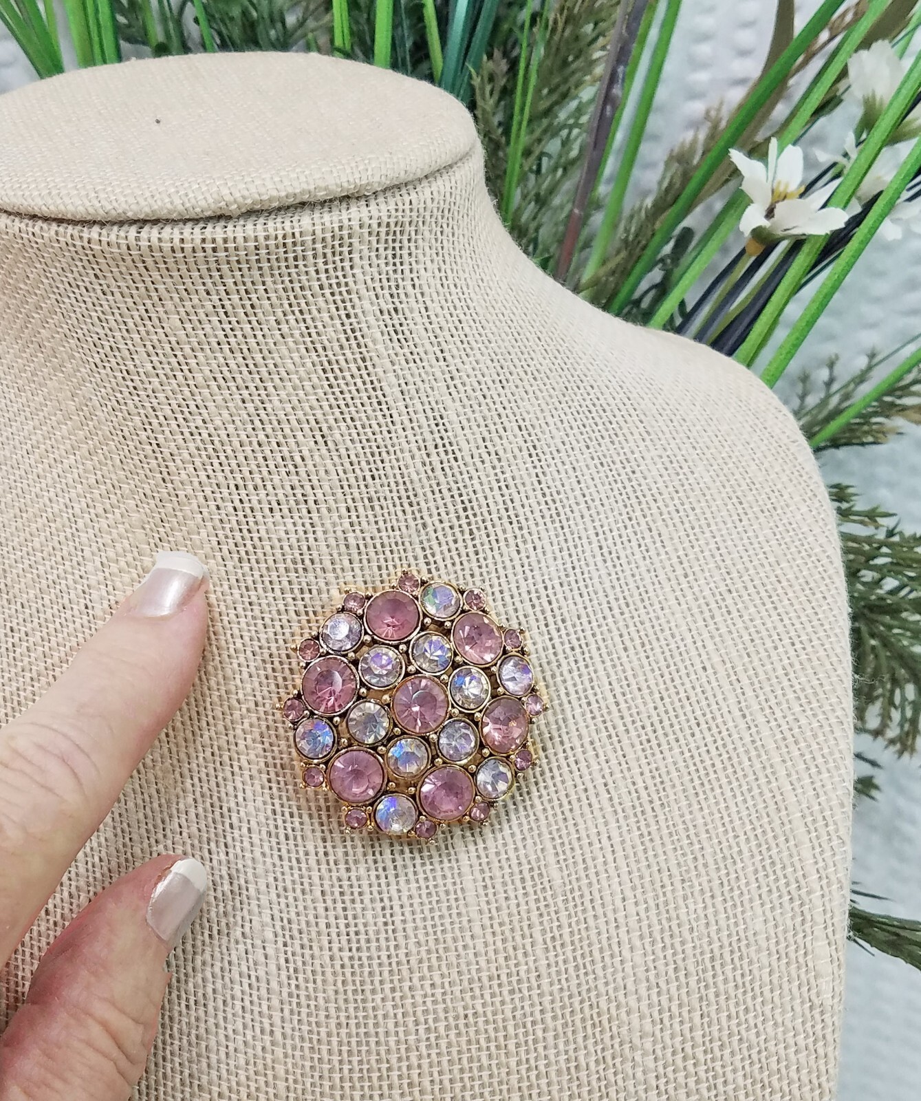 Vintage Domed Muted Pink and Clear Crystal Gold Tone Cluster Brooch Pin