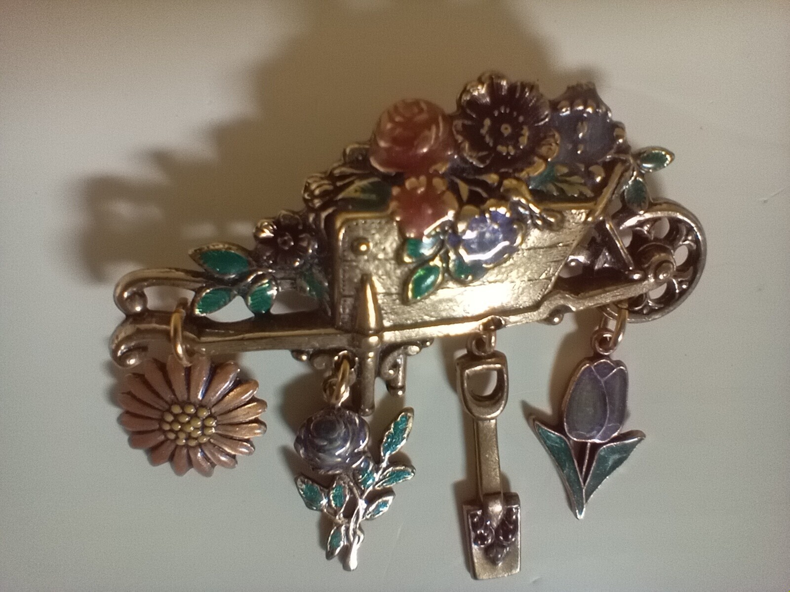 Gardener Brooch Gold-Toned Wheelbarrow Floral Pin with 4 Charms Gift Vintage