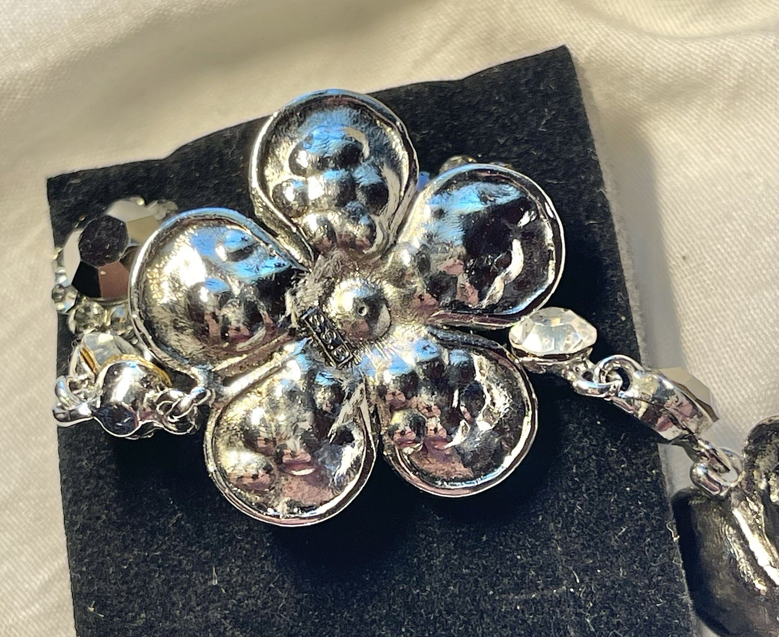 VTG RHINESTONE FLOWER Post EARRINGS SSB BLACK CLEAR PAVE DANGLE DROP SILVER Tone