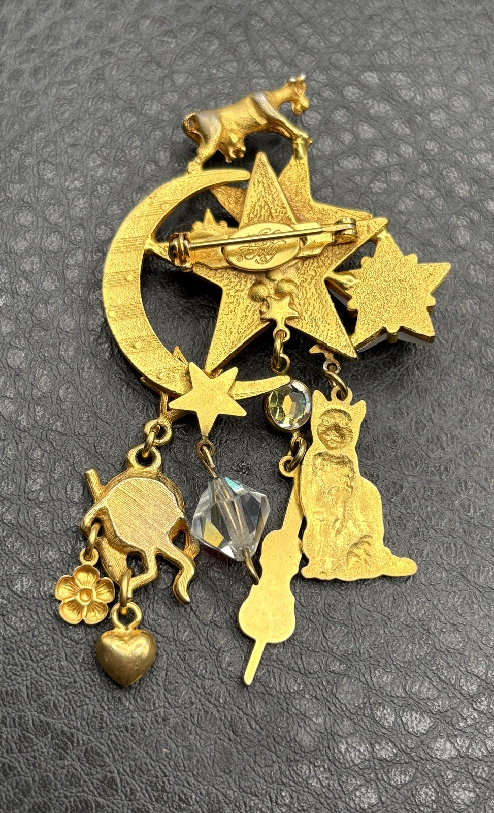 Kirks Folly Hey Diddle Diddle Gold Tone Crystal Brooch Pin Cat Cow Moon Star