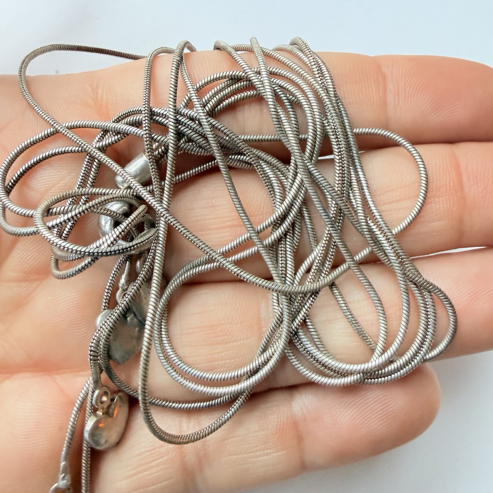 Dangling Hearts 5 Strand Lariat Snake Chain Sterling Silver 925 Necklace 18”