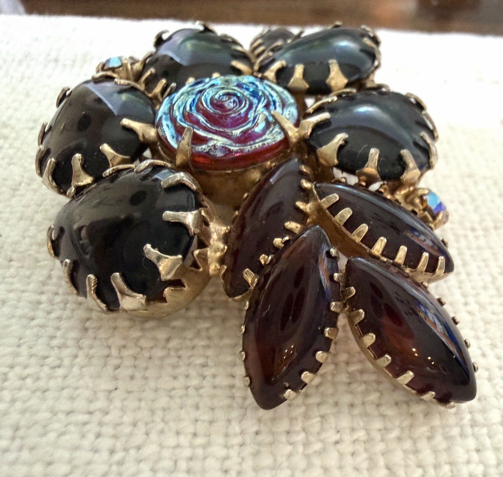 Deep Red Glass Molded Rose Brooch Art Glass Flower AB Rhinestone Statement Vtg