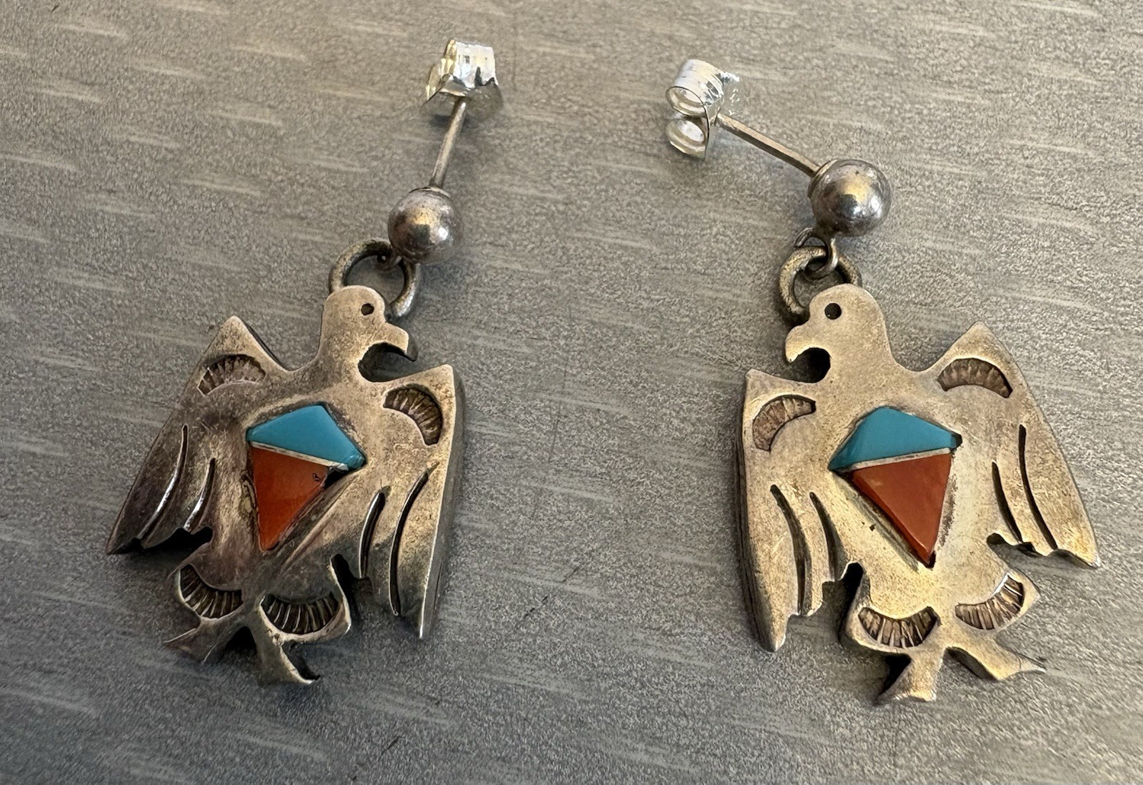 Vintage Native American Sterling Silver Turquoise Red Coral Thunderbird Earrings